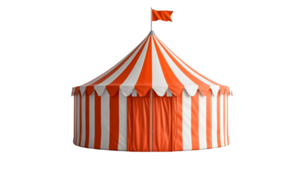 Red and white circus tent with flag on top, cut out transparent