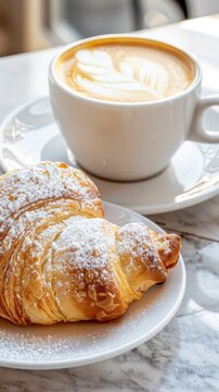 Enjoying a delicious Italian breakfast of cornetto alongside a perfectly crafted cappuccino at a charming caf&eacute; in the morning sunshine