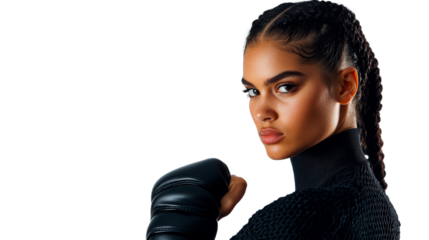 Portrait female with boxing glove looking at camera, cut out transparent