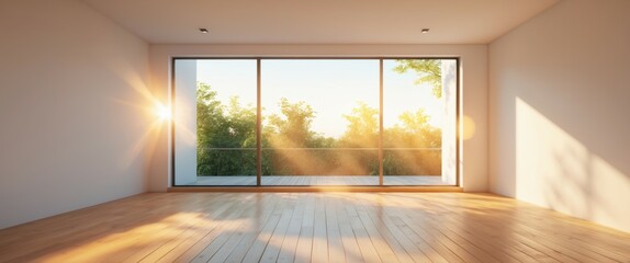 modern room with large window and wooden floor illustration