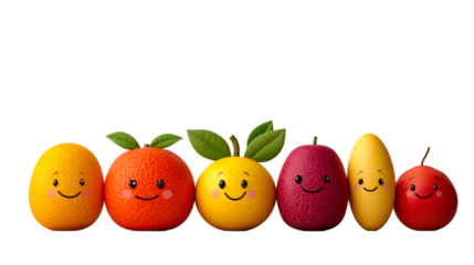 Cute cartoon fruit characters with smiling faces lined up, cut out transparent