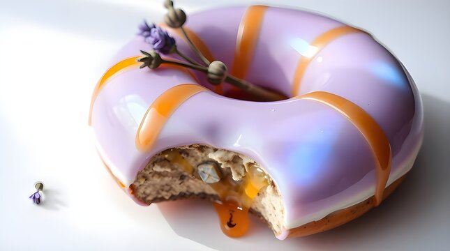 A tight close-up shot of a cast bronze Honey Lavender Donut, its surface glowing with bioluminescent honey lavender hues. The donut features a smooth glaze, lavender sprigs, and honey drizzle - Powered by Adobe