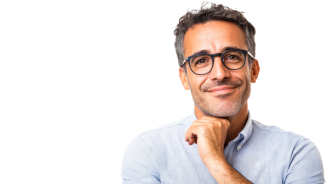 Thoughtful man in glasses with hand on chin, cut out transparent