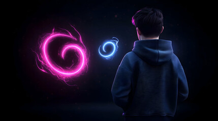 Person in Dark Hoodie Observing Glowing Pink and Blue Spirals