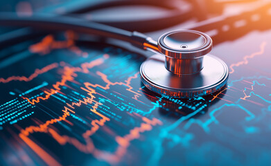 Stethoscope placed on a digital screen displaying heart rate data and medical graphs, symbolizing modern healthcare technology.
