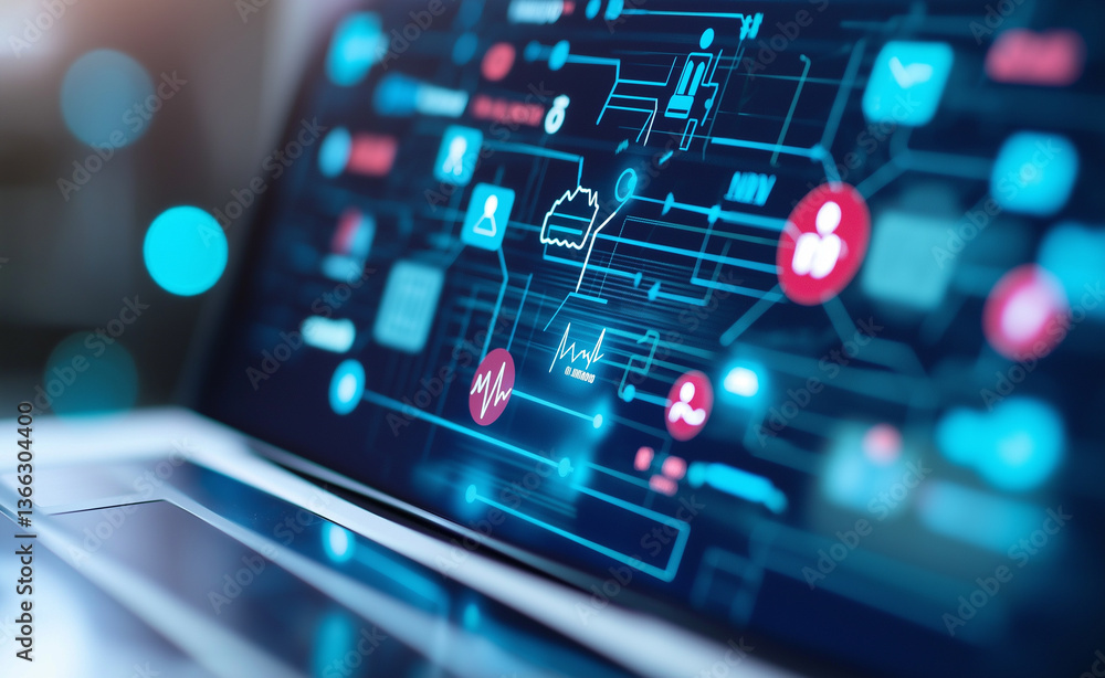 Poster close-up of a laptop screen displaying a digital interface with interconnected icons and data, symbo