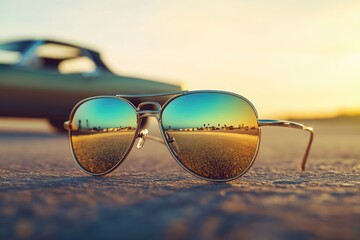 Aviator sunglasses reflecting a beach sunset and a classic car in the background.