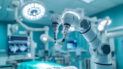 Advanced surgical robotic arms performing a medical procedure in a modern operating room. Technology and medicine intersect.