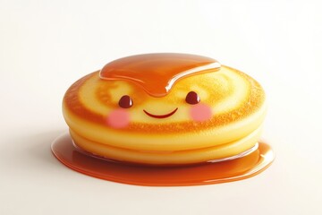 Adorable double stack pancakes with syrup, smiling happily.