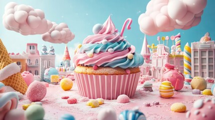 Whimsical cupcake city scene, sweet treats, dessert landscape, edible architecture, background fun