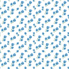 Fashion floral seamless pattern of branches watercolor blue flowers drawn by hand on a white background. Repeating pattern.