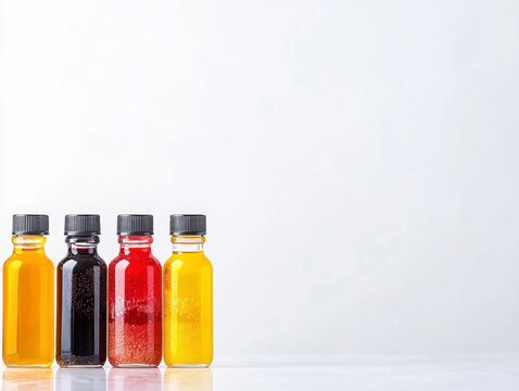 Three bottles of liquid containing assorted flavor concentrates for culinary creation and beverage enhancement