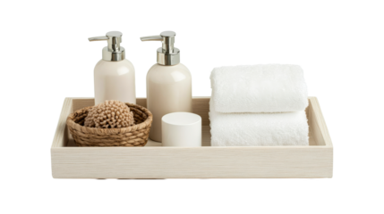 Bathroom accessories set on tray for spa and relaxation, cut out transparent