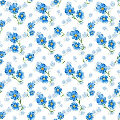 Fashion floral seamless pattern of branches watercolor blue flowers drawn by hand on a white background. Repeating pattern.