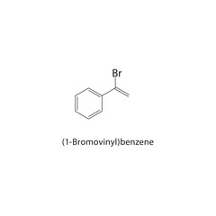 (1-Bromovinyl)benzene skeletal structure. Vinyl Bromide compound schematic illustration. Simple diagram, chemical formula.