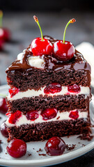 Black Forest Cake with Cherry and Cream. A slice of cake is a rich chocolate cake filled with cherry cream and covered with a glossy dark glaze. The inner layers have the texture of a delicate chocola