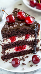 Black Forest Cake with Cherry and Cream. A slice of cake is a rich chocolate cake filled with cherry cream and covered with a glossy dark glaze. The inner layers have the texture of a delicate chocola
