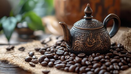 Decorative Teapot Surrounded by Freshly Roasted Coffee Beans
