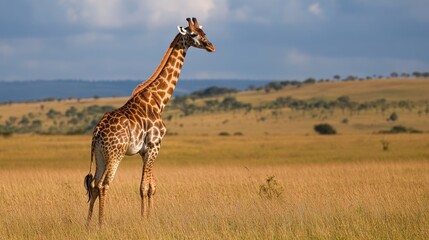 Majestic Masai Giraffe in the Wild: Iconic Symbol of Masai Mara, Kenya &acirc;&euro;&ldquo; A Stunning Representation of African Wildlife