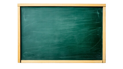 Green chalkboard with wooden frame, school equipment, blank background, cut out transparent