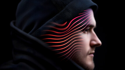 Profile of Man with Red and Pink Digital Lines on Face