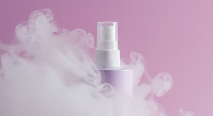 Cosmetic Spray Bottle with Smoke on Pastel Background Product Presentation