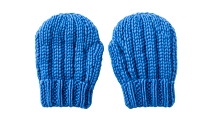 Pair of blue knitted mittens winter accessories, cut out transparent