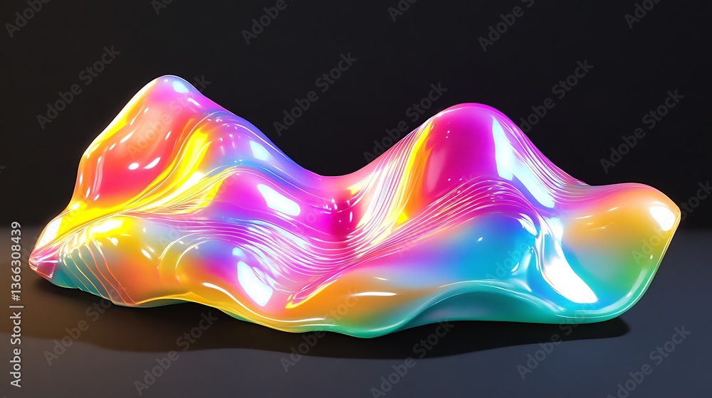 Poster abstract iridescent wavy shape, rainbow color gradient surface, modern design element, smooth textur
