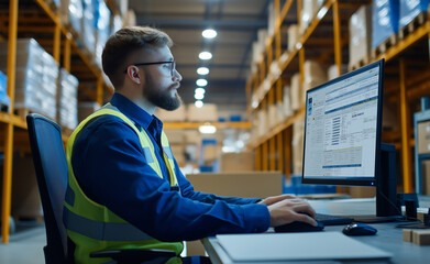 Fototapeta premium A warehouse worker in a safety vest is sitting at a desk, working on a computer in front of shelves filled with boxes.