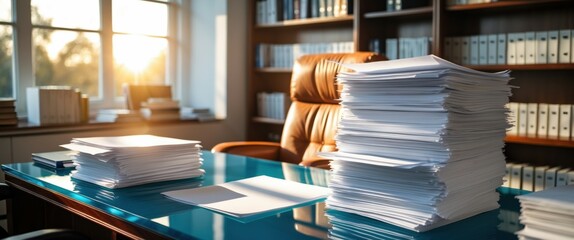 contemporary office desk with stack of papers in business workspace