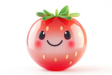 A cute, cartoonish 3D model of a strawberry with a smiling face.
