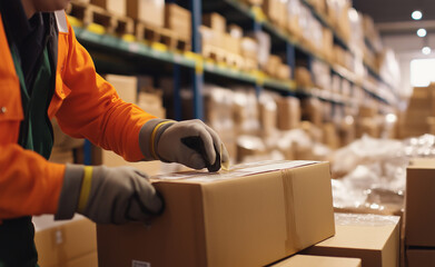 A worker in an orange safety jacket and gloves is labeling a cardboard box in a warehouse setting.
