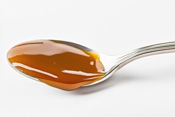 A spoonful of thick, golden caramel sauce, glistening and rich, ready to be enjoyed.