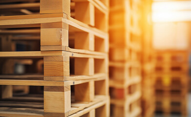Obraz premium Stacks of wooden pallets in a warehouse with soft sunlight shining through the space.
