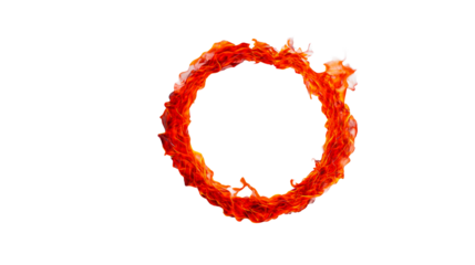 Burning ring of fire with bright flames on dark backdrop, cut out transparent