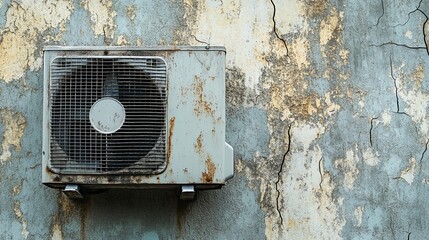 Old Air Conditioner Mounted on Damaged Wall with Peeling Paint Background