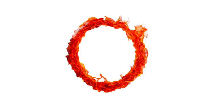 Burning ring of fire with bright flames on dark backdrop, cut out transparent