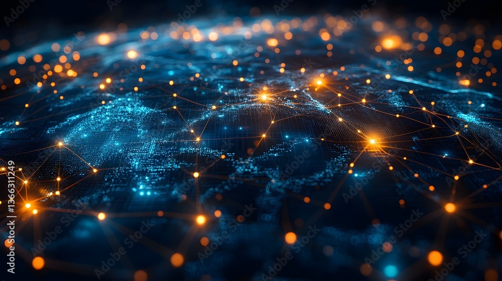 Poster abstract visualization of a network, featuring interconnected glowing nodes against a blue backgroun