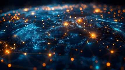 Obraz premium Abstract visualization of a network, featuring interconnected glowing nodes against a blue background, symbolizing digital connectivity and technological advancement