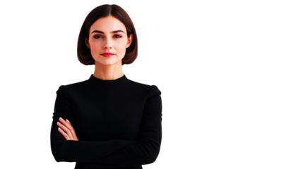 Confident Woman with Crossed Arms Posing in Dark Suit, cut out transparent