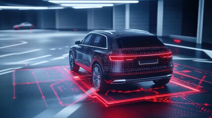 An AI powered system optimizing autonomous vehicle safety by analyzing real time sensor data and environmental factors, futuristic AI-driven vehicle platform, Autonomous driving technology style