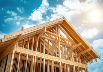 Construction workers are assembling the wooden frame of a house, focusing on the roof structure. The bright sun and blue sky provide an ideal backdrop for the activity taking place