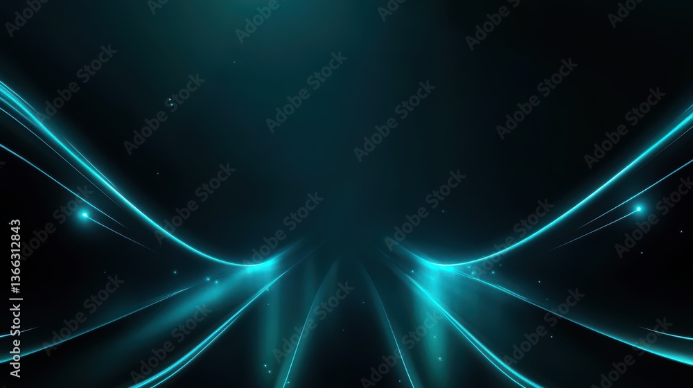 Poster dark abstract background with cyan neon lines and spotlights.