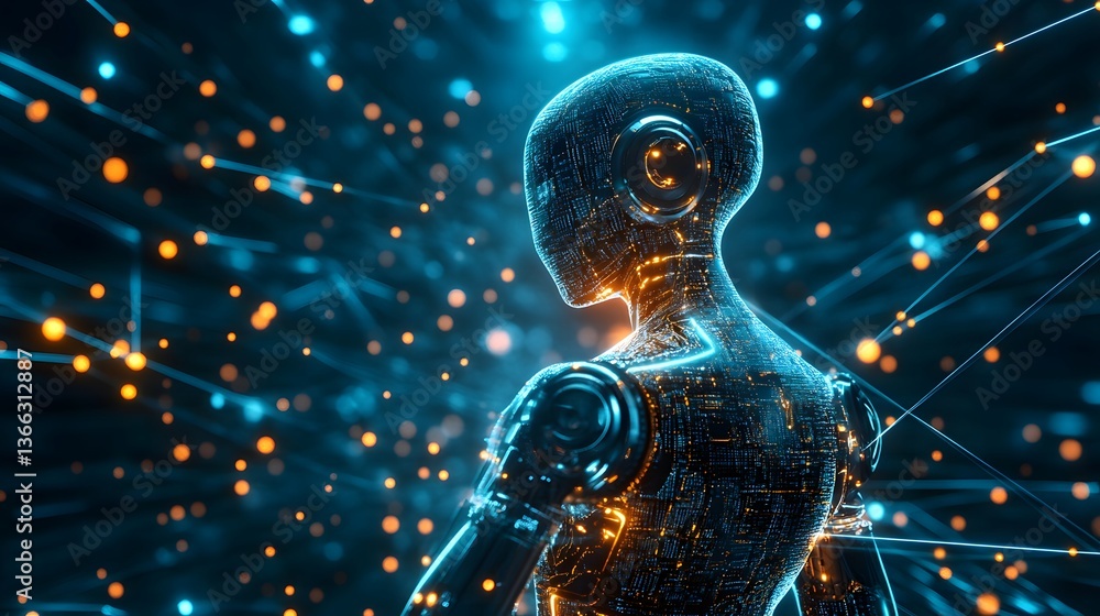 Poster futuristic robot, glowing with an intricate network of digital circuitry, set against a backdrop of 