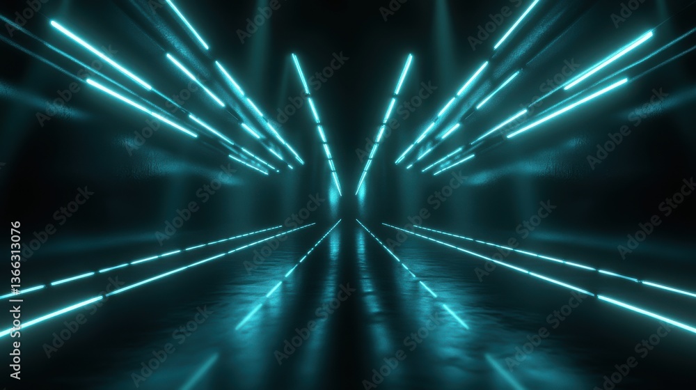 Poster dark abstract background with cyan neon lines and spotlights.