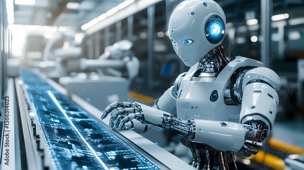 Poster a humanoid robot working in an industrial setting, focused on a product line. the robot appears to b