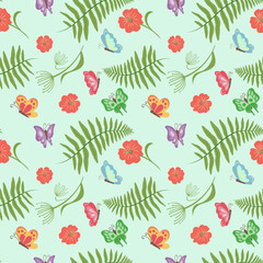 Seamless botanical pattern with ferns, tropical flowers and butterflies on light blue background. Elegant and nature-inspired design perfect for textile, wallpaper, packaging and decoration projects.