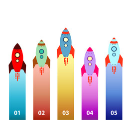 rocket - successful startup, list of points, different colors, statistical graph. includes text. vector illustration in a flat style.