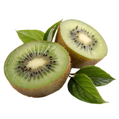 Fototapeta premium fresh ripe kiwi fruit cut in half with green leaves isolated on transparent background, juicy tropical fruit with vibrant green flesh