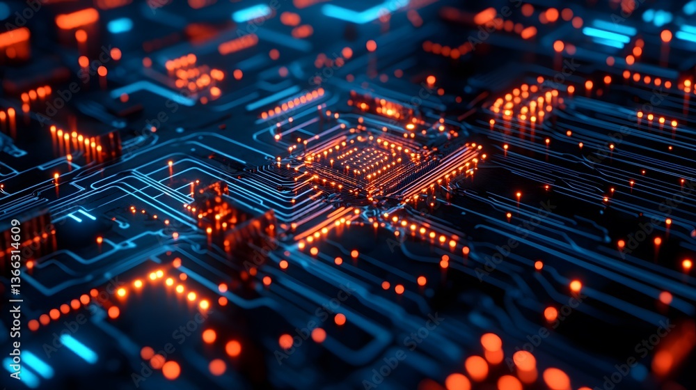 Poster close-up shot of a computer circuit board glowing with intricate electronic pathways and components
